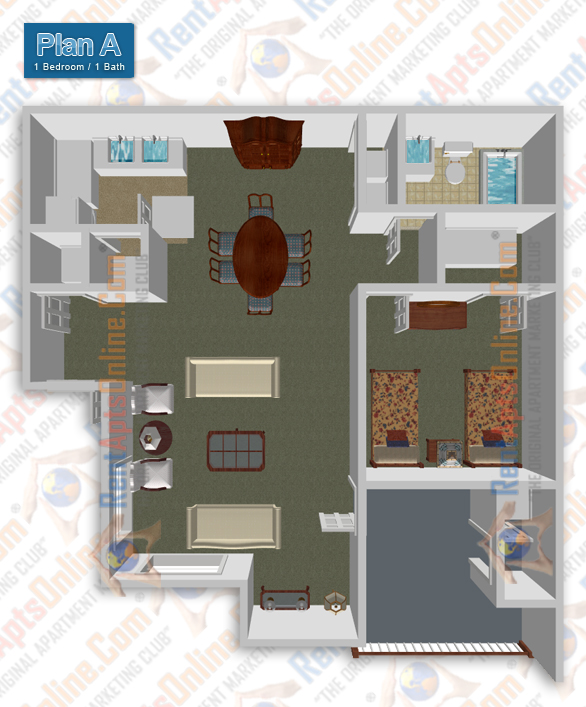 This image is the visual 3D representation of Floorplan A in Walnut Village Apartments.