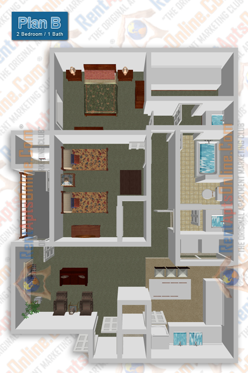 This image is the visual 3D representation of Floorplan B in Walnut Village Apartments.