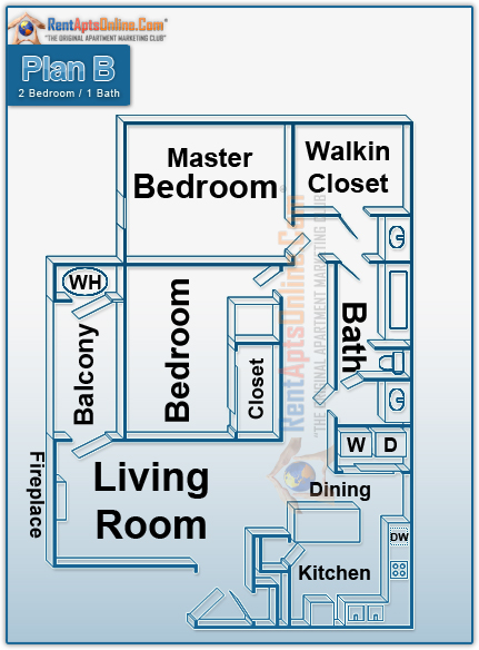 This image is the visual schematic representation of Floorplan B in Walnut Village Apartments.